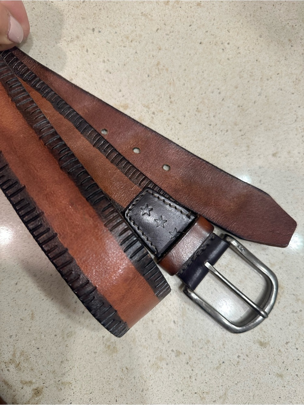 John Varvatos Vintage Two-Tone Brown Luxury Leather Belt with Star-Stamped Loop